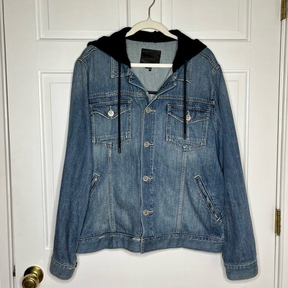 Paige Scout Mid-Wash Denim Jean Jacket with Black Drawstring Hoodie Size XL - Picture 1 of 6